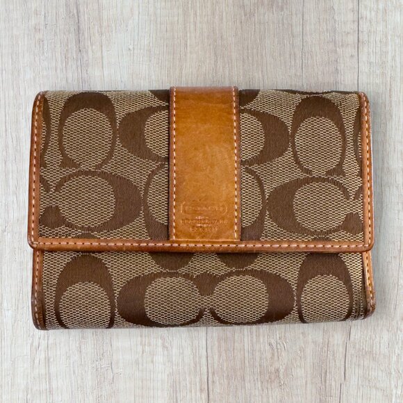 Coach Signature Canvas Leather Trim Bifold Checkbook Wallet Brown Khaki - Picture 1 of 9